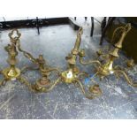 THREE BRASS FIVE BRANCH CHANDELIER.