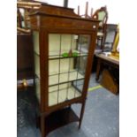 AN EDWARDIAN MAHOGANY INLAID DISPLAY CABINET WITH LEAD GLASS DOOR. W 57 X D 32 X H 147.