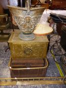 TWO ANTIQUE BRASS FENDERS , A COAL BOX AND SCUTTLE, AND A DEED BOX. THE NURSERY FENDER MEASURING W