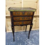 A 19th C. MAHOGANY CHEST OF THREE DRAWERS, THE BRASS GALLERIED TOP AROUND LEATHER INSET, THE