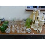 TWO 19th C. SALTS, OTHER VARIOUS GLASS WARES, TABLE LAMPS ETC.