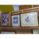 FOUR DECORATIVE FLOWER AND BUTTERFLY PRINTS, TOGETHER WITH A CONTEMPORARY PAINTING OF A FLORAL STILL