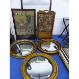 THREE REGENCY STYLE CONVEX WALL MIRRORS, TOGETHER WITH THREE WOOD FRAMED FIRE SCREENS.