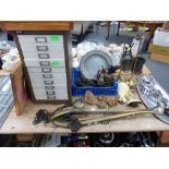 A PAIR OF ANTIQUE BRASS HORSE HAMES, VINTAGE TOOLS, A FILE CHEST, AND THREE LEADED WINDOW PANELS