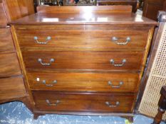 A SMALL EARLY 20th C. MAHOGANY CHEST OF FOUR LONG DRAWERS. W 92 X D 48 X H 89cms.