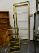 A VINTAGE CHROME AND ALLOY DISPLAY STAND WITH GLAZED SHELVES W 76 X D 37 X H 202cms, TOGETHER WITH A