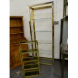 A VINTAGE CHROME AND ALLOY DISPLAY STAND WITH GLAZED SHELVES W 76 X D 37 X H 202cms, TOGETHER WITH A