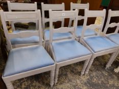 A SET OF SEVEN GEORGE III PAINTED DINING CHAIRS WITH DROP IN SEATS.