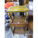 A GEORGIAN STYLE MAHOGANY KETTLE STAND TOGETHER WITH AN ART DECO TWO TIER TABLE, AND AN EASTERN