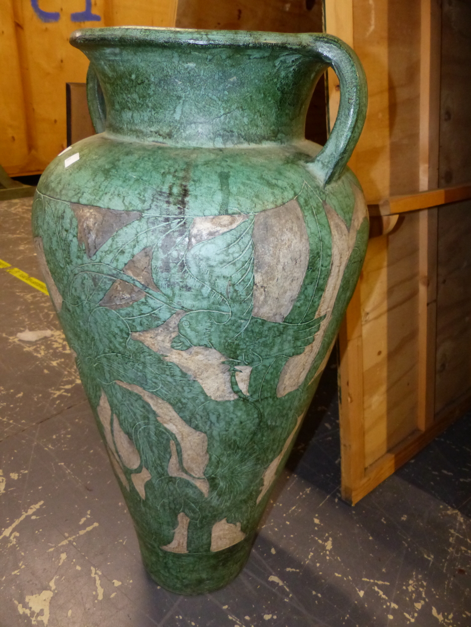 A PAIR OF LARGE ORIENTAL LARVA GLAZED FLOOR URNS, TOGETHER WITH AN ART DECO STYLE LARGE URN. THE - Image 7 of 10