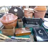 A VINTAGE THOMAS BRADFORD & CO KNIFE CLEANER, STONE WARE CROCK POTS, TOOLS ETC.