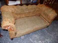 A LATE VICTORIAN DOUBLE DROP ARM CHESTERFIELD SETTEE FOR UPHOLSTERY. W 170 X H 175 APPROX X D 84cms.