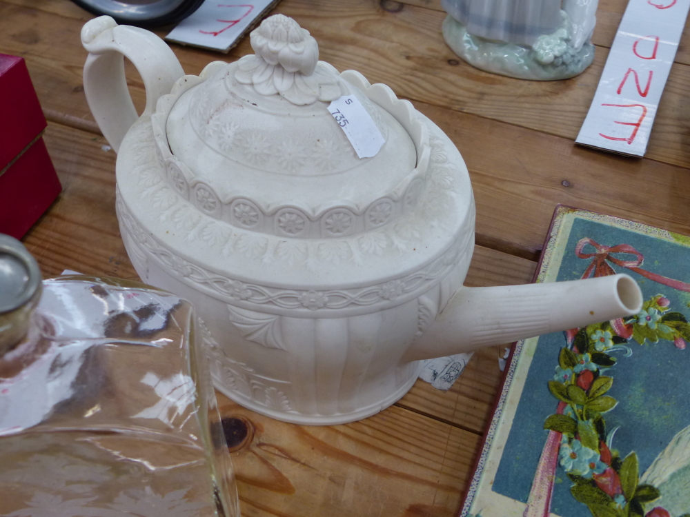 A VICTORIAN WHITE WARE RELIEF DECORATED TEAPOT, A WEDGWOOD SMALL JASPERWARE DISH , AN EASTERN - Image 3 of 10