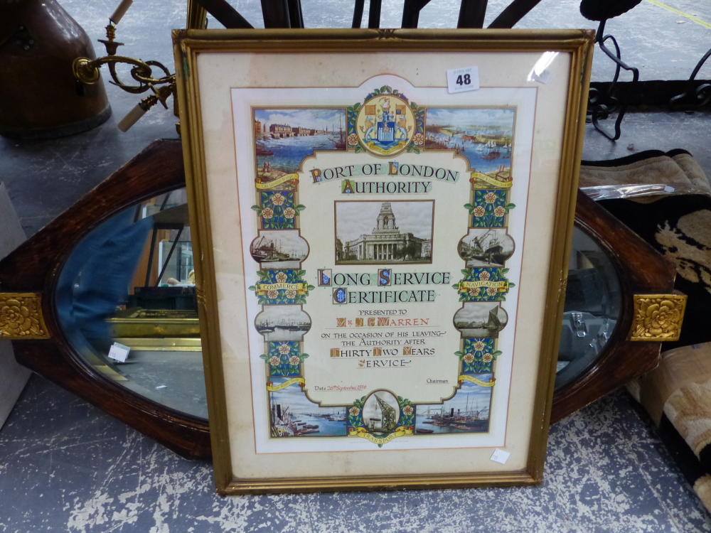 AN ART DECO WALL MIRROR AND A PRINTED LONG SERVICE CERTIFICATE.