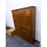 A VINTAGE PINE FALL FRONTED PIGEON HOLE CHEST OF TEN COMPARTMENTS, W 122 X D 27.5 X H 162cms