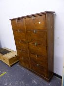 A VINTAGE PINE FALL FRONTED PIGEON HOLE CHEST OF TEN COMPARTMENTS, W 122 X D 27.5 X H 162cms