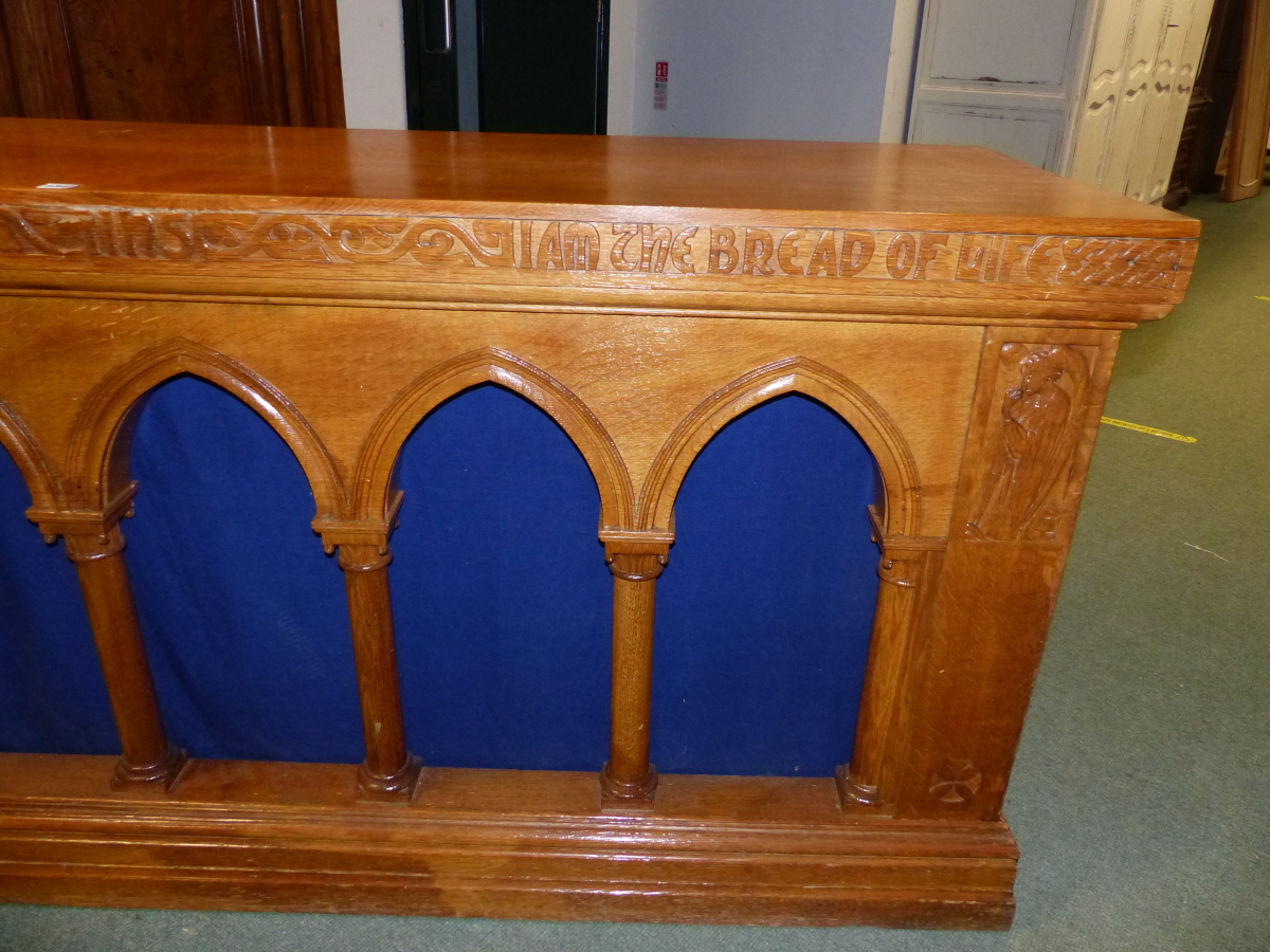 A VINTAGE ECCLESIASTICAL CARVED OAK ALTAR TABLE. - Image 4 of 7