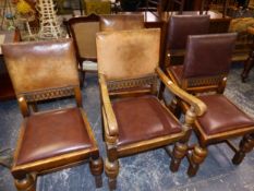 SET OF FIVE OAK FRAMED DINING CHAIRS INC. ONE ARMCHAIR. SEAT HEIGHT 50cms.