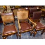 SET OF FIVE OAK FRAMED DINING CHAIRS INC. ONE ARMCHAIR. SEAT HEIGHT 50cms.