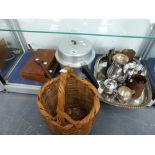 AN EKCOMATIC PRESSURE COOKER, A WICKER BASKET, CASED WORK TOOLS, SILVER PLATED WARES, TWO MILK