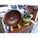 TWO SHAVING MIRRORS, AN OAK BOWL STAND, AND A TURNED BURR WOOD BOWL.