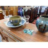 A LARGE ART POTTERY BOWL BY WILLIAM PLUMTREE, A SIMILAR LIPPED EWER, A BLUE GLAZED VASE, AND TWO SIG