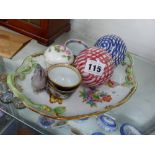 TWO ANTIQUE GLAZED BOULE, A HEREND SMALL TRAY, TWO PORCELAIN CUPS, AND A LIDDED BOWL WITH CROSS