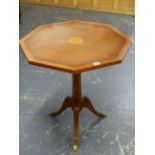 A MODERN YEW WOOD AND INLAID REGENCY STYLE TRIPOD TABLE, TOGETHER WITH A 19th C. MAHOGANY SWING