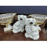 A PAIR OF GILDED PORCELAIN PIERCED BASKETS, AND A PAIR OF STAFFORDSHIRE SPANIELS.