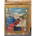 A VICTORIAN NEEDLEPOINT PANEL OF TWO FIGURES, 47 X 37cms.