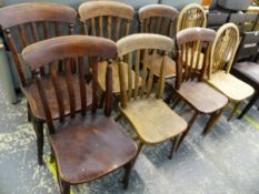 SIX ANTIQUE SLAT BACK KITCHEN CHAIRS AND TWO WHEEL BACK CHAIRS.