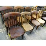 SIX ANTIQUE SLAT BACK KITCHEN CHAIRS AND TWO WHEEL BACK CHAIRS.