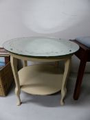 A VINTAGE MIRRORED TOP TWO TIER OCCASIONAL TABLE AND A MODERN DUET PIANO STOOL.