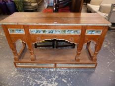 AN EASTERN HARDWOOD HALL TABLE, WITH MIRRORED AND PAINTED GLASS INSETS. W 137 X D 46 X H 81cms.