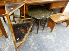 A VICTORIAN BAMBOO CORNER STAND,A BENARES TABLE, AND AN OAK STOOL.