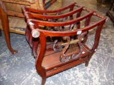 A GOOD QUALITY REGENCY STYLE CANTERBURY WITH BRASS FITTED LYRE DIVIDERS. W 53 X D 41 X H 59cms.