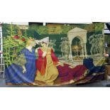 A VERY LARGE WALL HANGING OF A CLASSICAL MEDIEVAL SCENE IN THE PRE-RAPHAELITE MANNER 300 X 180 CM.