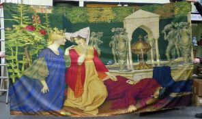 A VERY LARGE WALL HANGING OF A CLASSICAL MEDIEVAL SCENE IN THE PRE-RAPHAELITE MANNER 300 X 180 CM.
