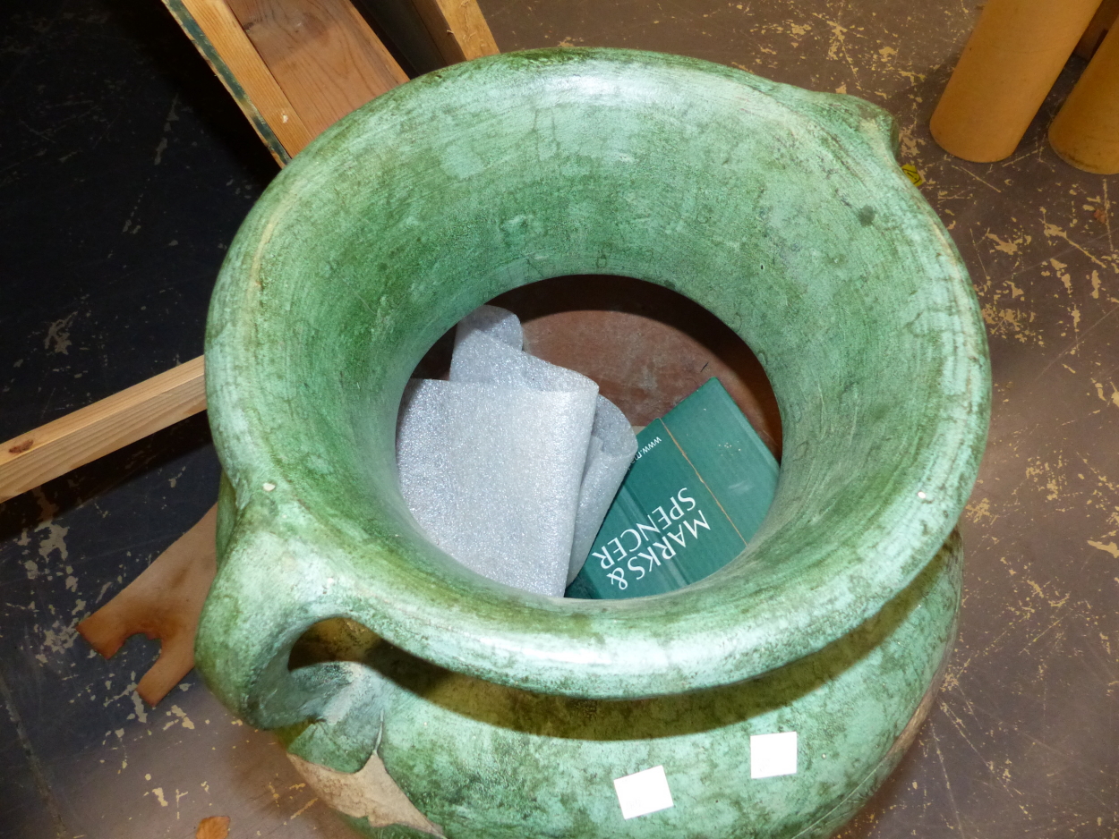 A PAIR OF LARGE ORIENTAL LARVA GLAZED FLOOR URNS, TOGETHER WITH AN ART DECO STYLE LARGE URN. THE - Image 10 of 10