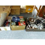 A QUANTITY OF STAINLESS STEEL SAUCEPANS, DECORATIVE KITCHEN TINS, AND A DAB STEREO SYSTEM.
