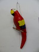 A LARGE PAPIER MACHE PIANTED PARROT ON HANGING SUPPORT. H 115cms.