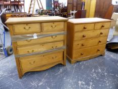 A VICTORIAN PINE CHEST OF TWO SHORT AND THREE LONG DRAWERS, W 105 X D 49 X H 94cms, TOGETHER WITH AN