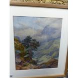 19th/20th.C. ENGLISH SCHOOL. A MOUNTAINOUS LANDSCAPE. WATERCOLOUR, SIGNED INDISTINCTLY. 39 x 33cms.