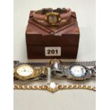 FIVE VARIOUS WATCHES CONTAINED IN A SMALL INLAID BRASS AND WOODEN BOX TO INCLUDE QUARTZ WATCHES BY