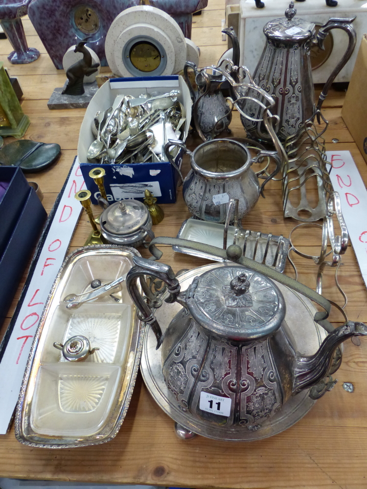 A SILVER PLATED TEA SET AND OTHER PLATED WARES.