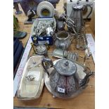 A SILVER PLATED TEA SET AND OTHER PLATED WARES.