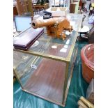 A LARGE BRASS BOUND TABLE TOP MODEL DISPLAY CASE, MODEL CANNON, WINE ACCOUTREMENTS ETC.
