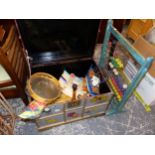 A PAINTED TOY BOX, AND CONTENTS, INC. THREE TEDDY BEARS, A TAMBOURINE, WOODEN TOYS AND A LARGE