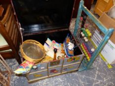 A PAINTED TOY BOX, AND CONTENTS, INC. THREE TEDDY BEARS, A TAMBOURINE, WOODEN TOYS AND A LARGE