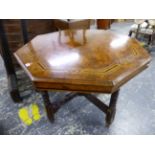 A VICTORIAN WALNUT AND INLAID OCTAGONAL CENTRE TABLE WITH LOWER STRETCHER. W 97 X L 97 X H 70cms
